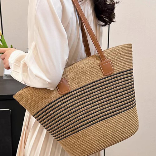 Woven straw bag for women, summer top-handle tote bag, beach bucket bag, large capacity braided single-shoulder bag, rattan straw bag, trendy