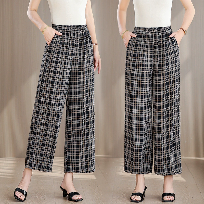 Летние прямые брюки из хлопка и шелка, женские брюки с девятью точками, прямые свободные брюки с высокой талией, тонкие повседневные брюки из хлопка и шелка с эластичной резинкой на талии