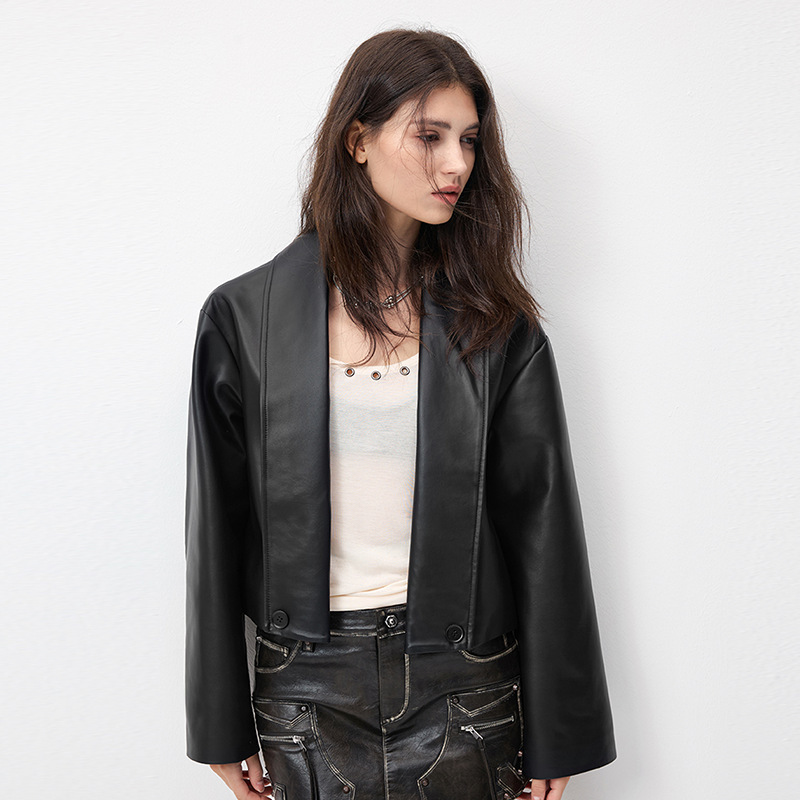 Foldable Green Collar Leather Jacket for Women, New Short Style Black Sheepskin Leather Jacket | Source Factory