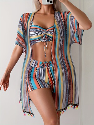 A 62071LFringe Bikini Four-Piece Set 流苏分体比基尼四件套新|ms
