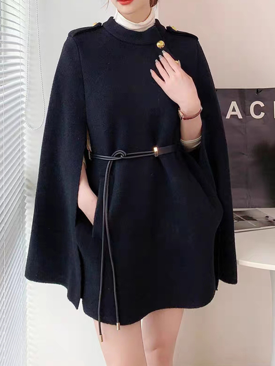 Nuevo abrigo de lana de doble cara tejido para mujer, otoño e invierno 2024, con un toque de alta gama, cinturón, estilo francés, estilo Chanel, suéter tipo capa.
