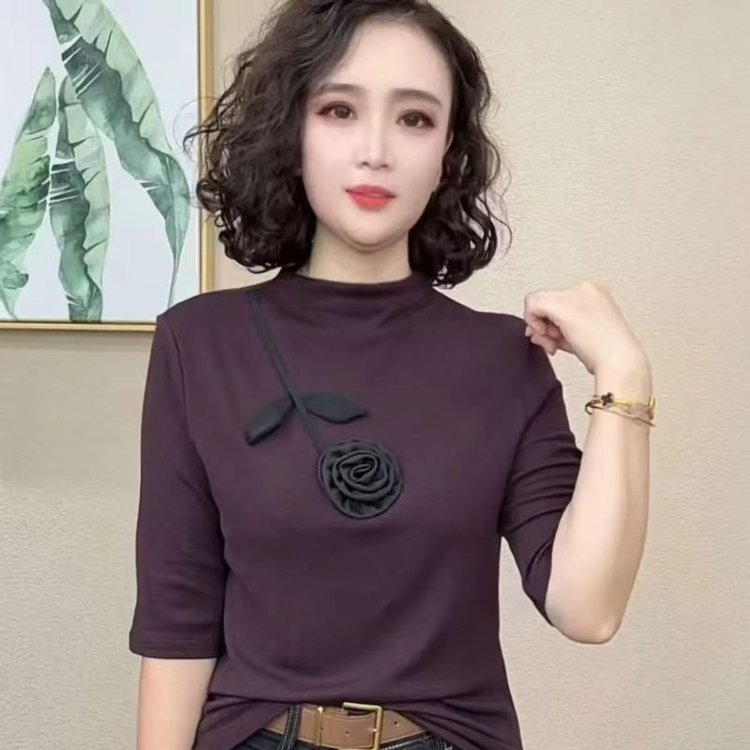 一件代发直播爆款半高领打底衫2025秋季新款中袖T恤女五分袖上衣|undefined