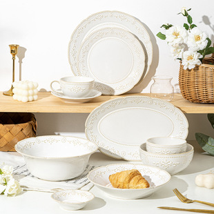 European-style embossed ceramic plate vintage Court flat plate lace irregular Western plate breakfast plate dessert bowl set