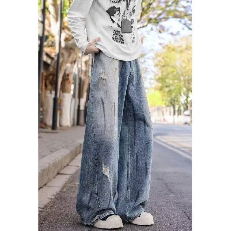 Vintage Ripped Scythe Jeans, American-Style High-Waisted Wide-Leg Pants, Plus-Size Loose Slimming Banana Pants Vintage Ripped Scythe Jeans, American-Style High-Waisted Wide-Leg Pants, Plus-Size Loose Slimming Banana Pants