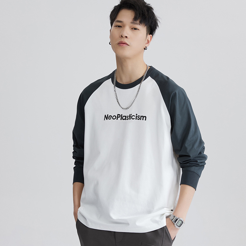 F1121 | Großes, neues Herbstprodukt für Herren, 260G, langärmliges T-Shirt mit Kuhhorn-Patchwork und lockerem Saum für Männer_voghion.com
