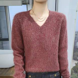 2024 Autumn and Winter New Arrival Mink Velvet Loose Short Women's V-Neck Flower Yarn Thickened Wool Base Backing Shirt plus size Sweater