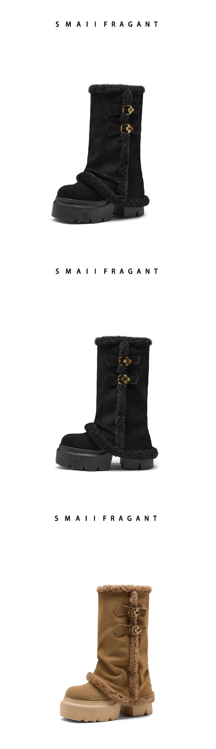 Boot nữ cổ cao ôm bắp chân, đế dày tăng chiều cao 12 cm, lót lông ấm, chất liệu cotton dày màu kaki — nhung đen chi tiết 8