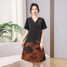 真丝香云纱V领气质短袖连衣裙女春夏2025新显瘦中长100%桑蚕丝