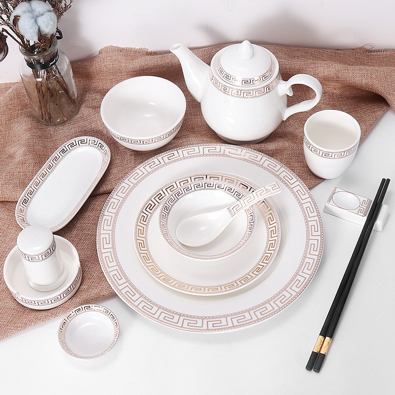 酒店用品摆台陶瓷餐具中式饭店会所曲线金边骨碟碗勺杯四件套套装