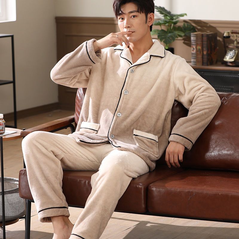 Pijamas de invierno de terciopelo de coral, pijamas de franela gruesas de invierno para hombres, ropa de hogar cálida de mangas largas para hombres