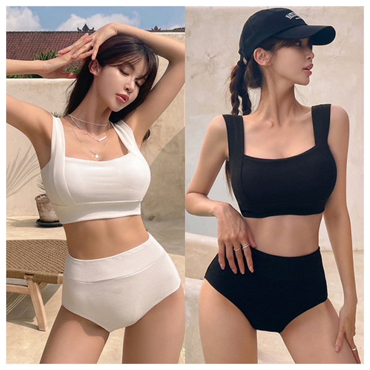 Black and White Solid Color 2024 South Korea New Sexy Small Chest Push-up Vest High Waist Bikini Sports Split Swimsuit for Women