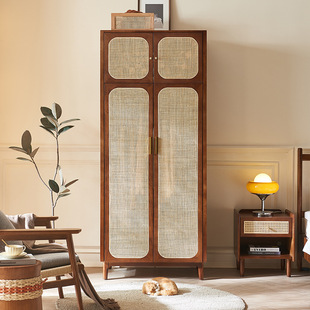 Nordic solid wood wardrobe home retro bedroom storage locker modern simple small apartment rattan double door wardrobe