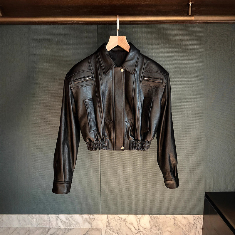 26 Autumn/Winter New Oil-Waxed Vegetable-Tanned Sheepskin Loose Retro High-Waisted Short Genuine Leather Jacket for Women