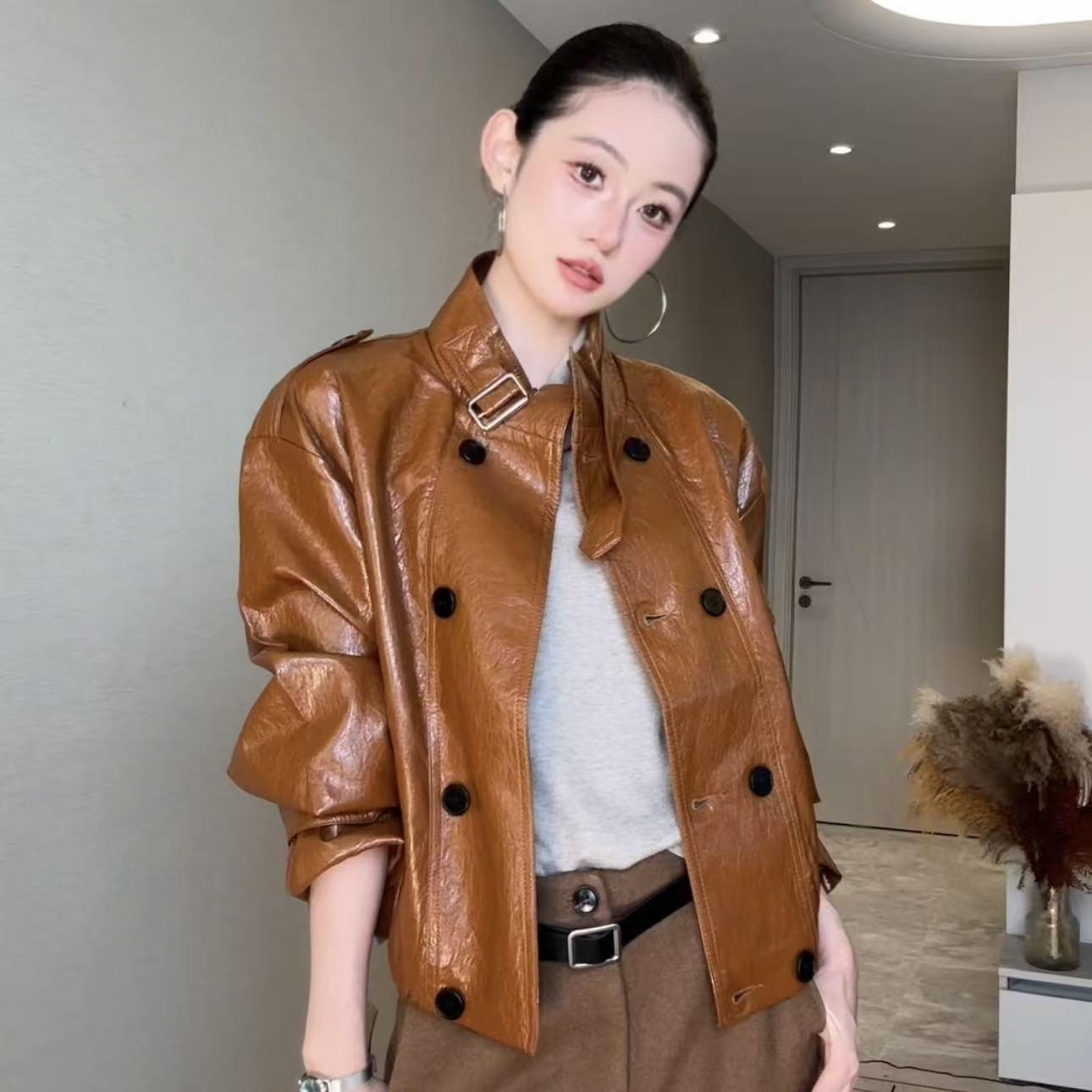 韩版机车重工油蜡皮宽松设计百搭女秋冬皮衣外套