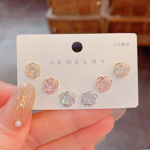 S925 Silver Needle Diamond Rose Combination Three-Piece Earrings for Women - Exquisite and Compact, Versatile Earrings with a Sense of Design