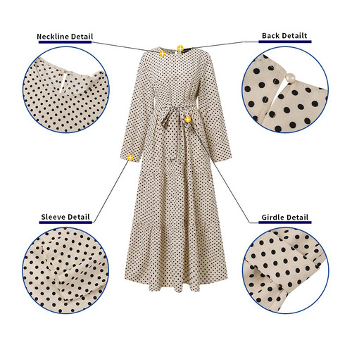 Modest Muslim Plus Size Polka Dot Elegant Dress Robe Long Sleeve Full Skirt Dress