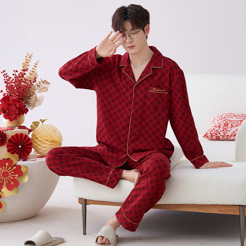 Pijamas hombres primavera y otoño algodón manga larga rojo brillante año animal algodón fino otoño primavera y verano ropa para el hogar