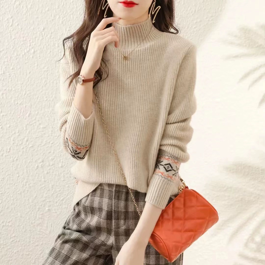 Осенний и зимний новый национальный стиль полувысокого воротничка темпераментный свитер жаккардовый женский свободный, повседневная нижняя рубашка прилив