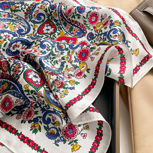  New White Cashew Flower Floral Silk Scarf Women's Mulberry Silk Square Scarf Spring and Autumn Matching Shirt