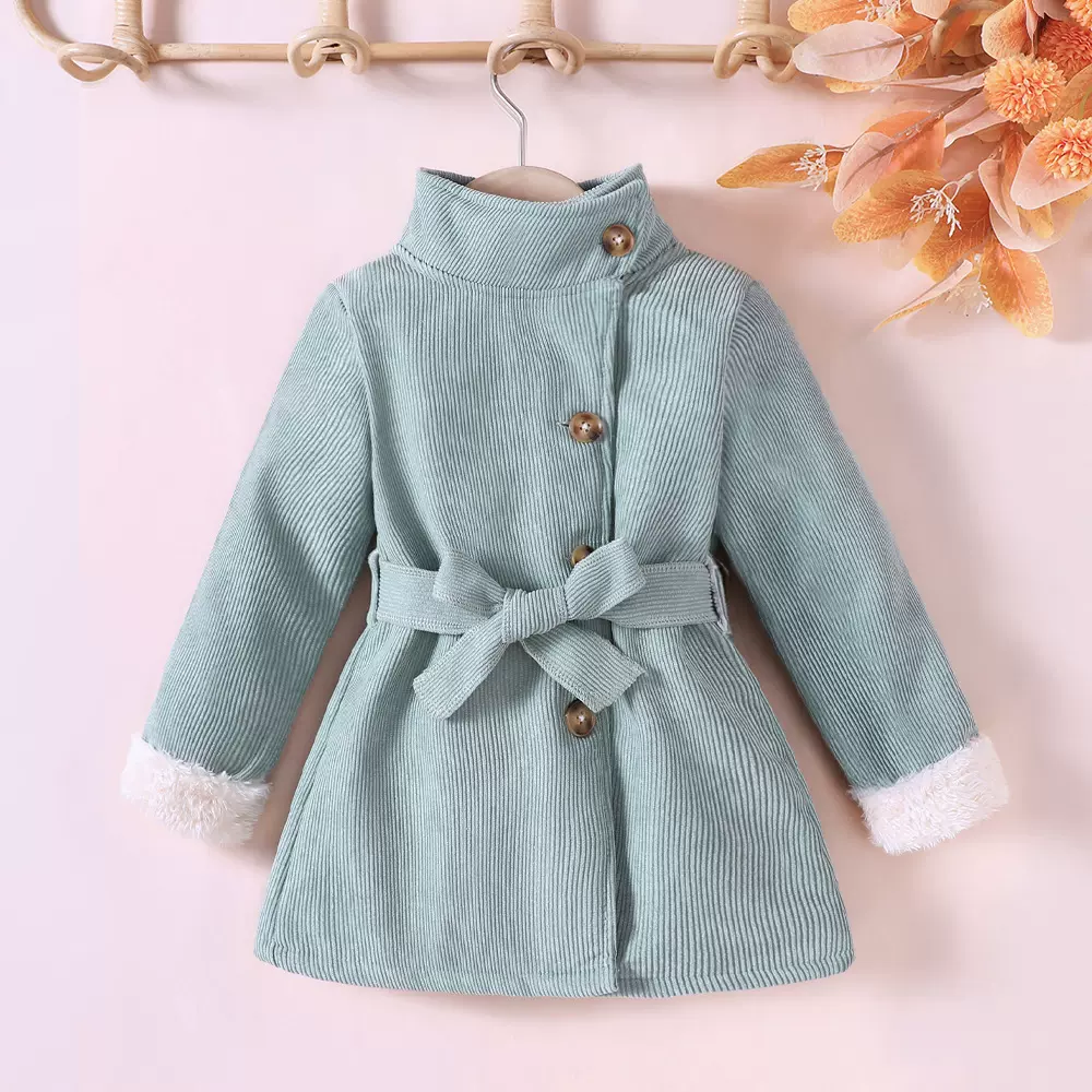 EW外贸童装   中小童新款女童秋款纯色中高领毛绒袖风衣外套WT75