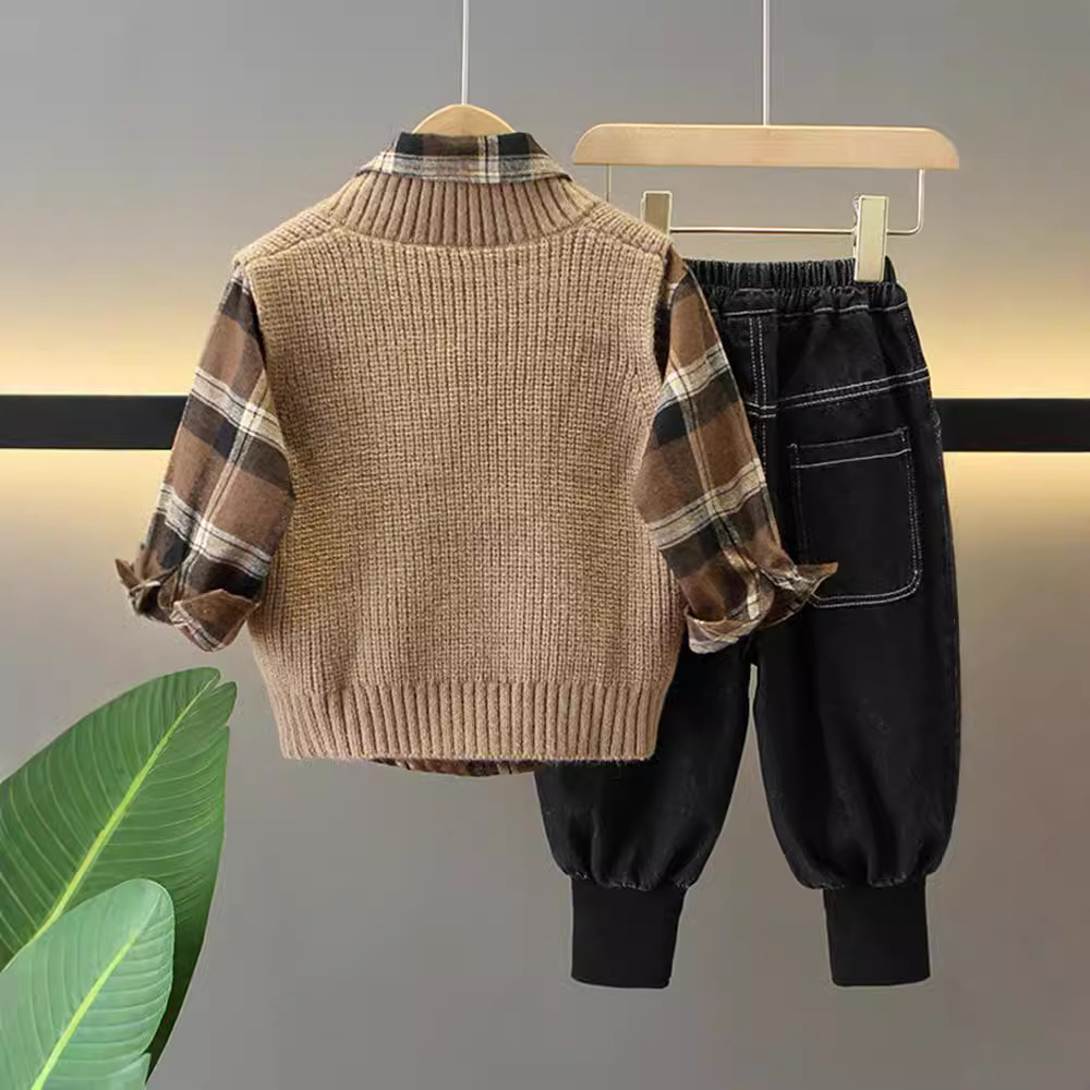 6340 Traje de otoño para niños 2025 Nuevo estilo Camisa guapa para niños Pequeño chaleco de otoño de moda de tres piezas