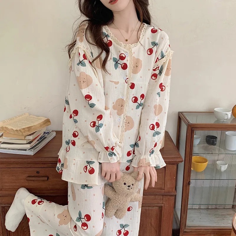 잠옷 여자의 봄과 가을 TikTok 라이브 폭발 소스 공장 긴 소매 세트 한국 스타일 귀여운 가정 옷