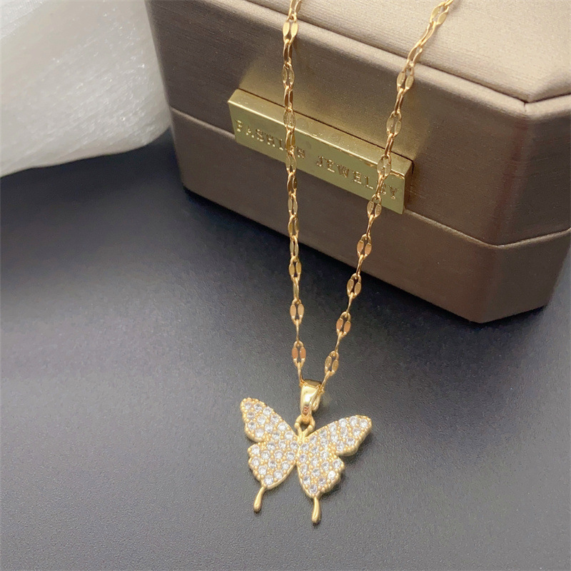 Copper Pendant Material Artificial Rhinestones Inlay Material Necklace Classification 304 Stainless Steel Chain Material PVD Coated Real Gold Plated Butterfly Stainless Steel Fashion Waterproof Non Tarnish Necklace