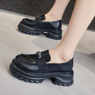 Thick-Soled Genuine Leather Loafers for Women 2025 Spring New Retro Small Leather Shoes Black Women's Shoes Thick Heel British Style Flats