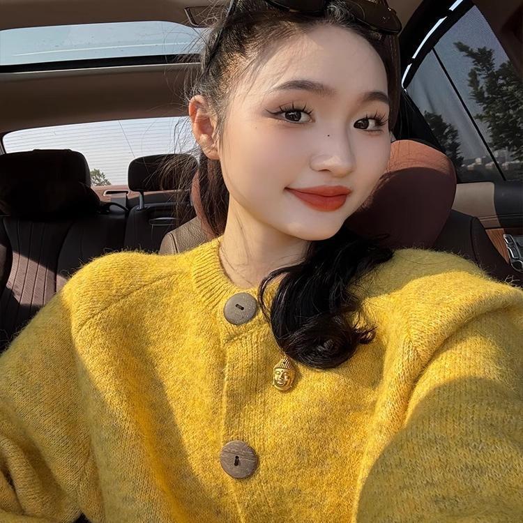 高级感小众慵懒风针织开衫春秋新款宽松小个子别致软糯黄色外套女|undefined