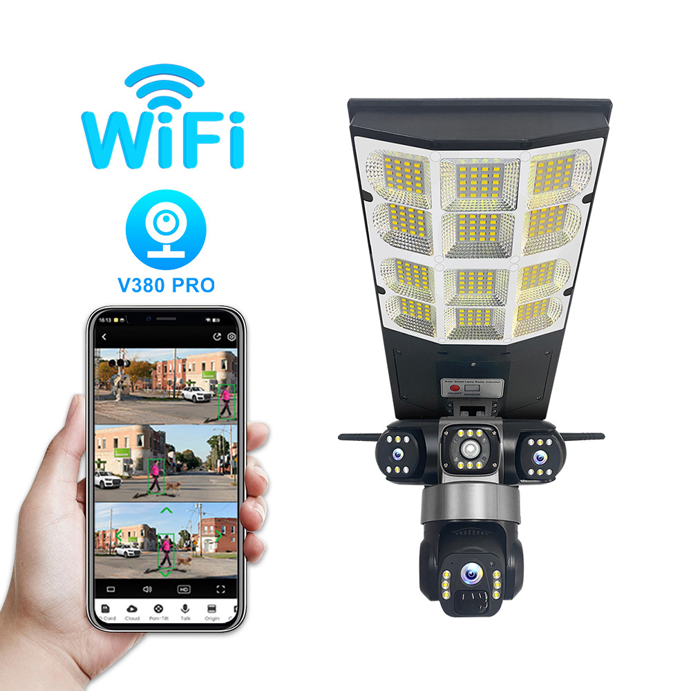 V380 solar luz de calle iluminación cámara wifi teléfono móvil remoto 4G PTZ monitoreo impermeable HD tres lentes