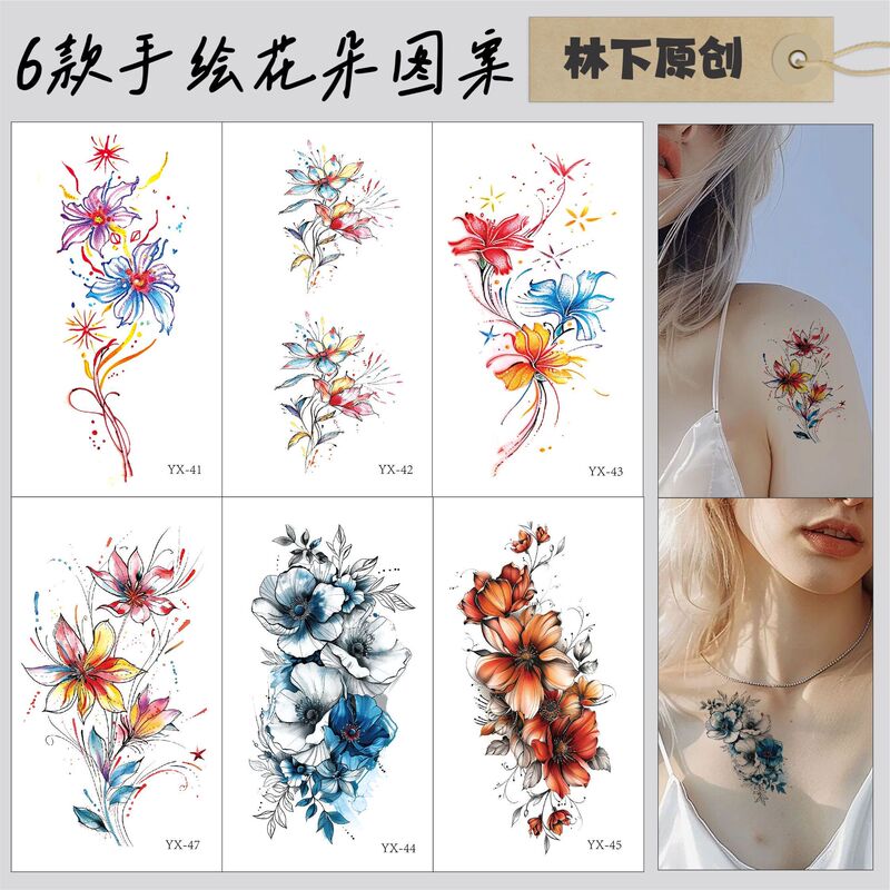 Original Colorful Flower Tattoo Sticker Waterproof Lasting Simulation Dopamine Girl Ins Simple Japanese Style Cute Washable