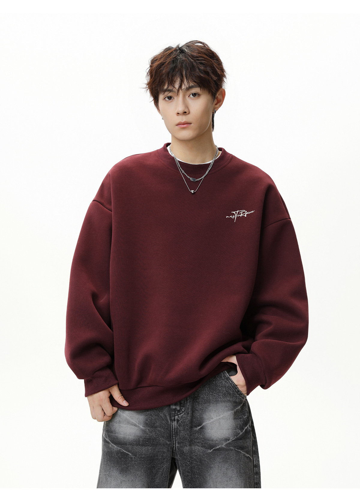 Monochrome Textured Crew Neck Sweatshirt For Men Trendy Pullover_voghion.com