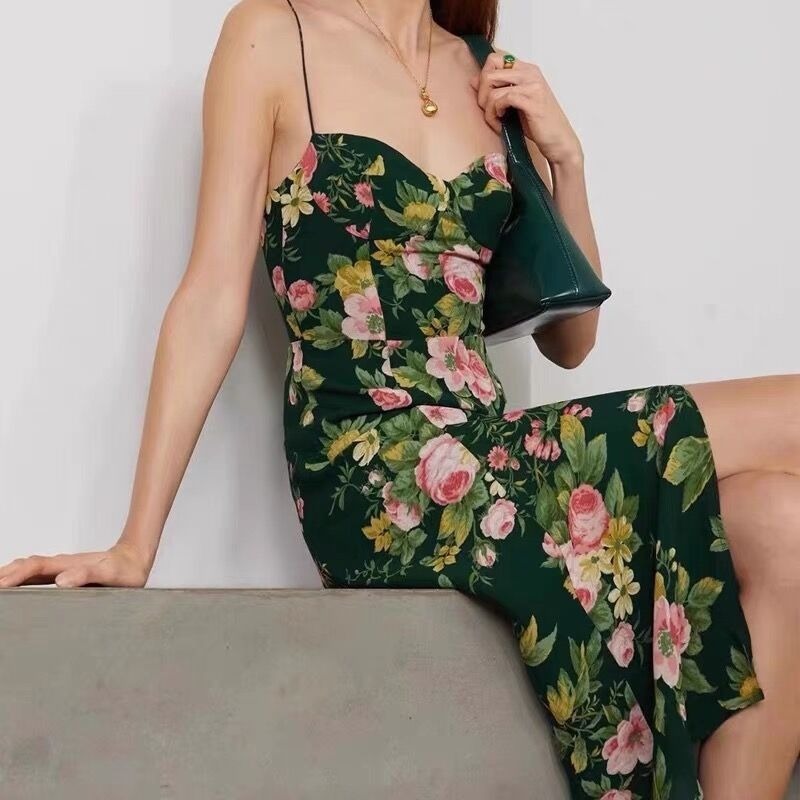 Slit Sling backless wrap chest flower print Dress NSXDX121509