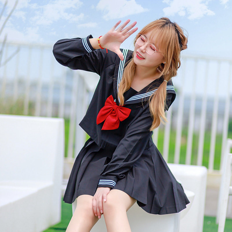 Genuine black student pleated skirt