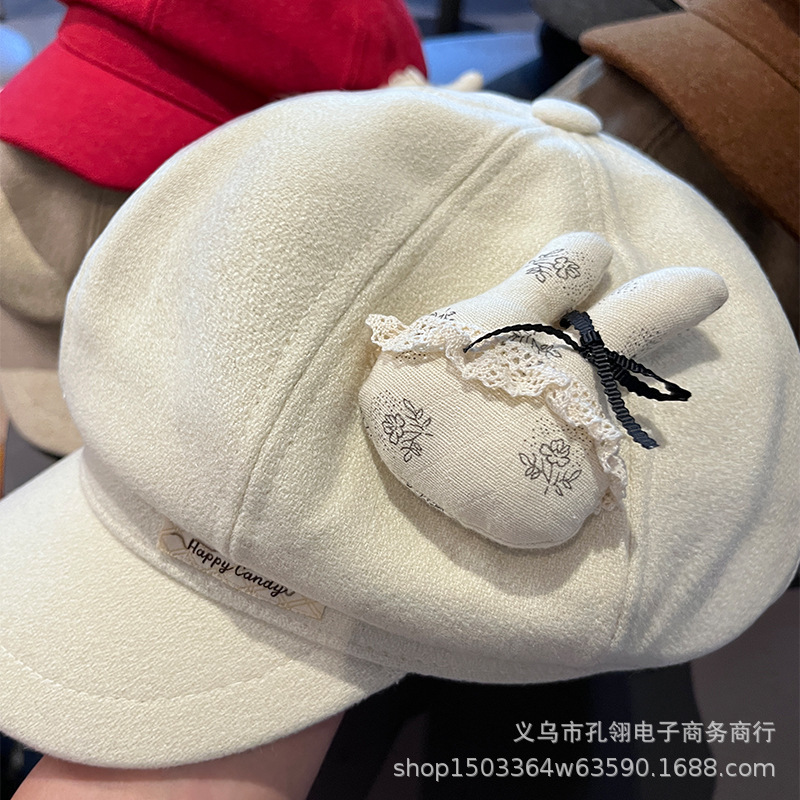 可爱卡通蕾丝兔子八角帽子女秋冬时尚保暖毛呢报童帽显脸小鸭舌帽|undefined