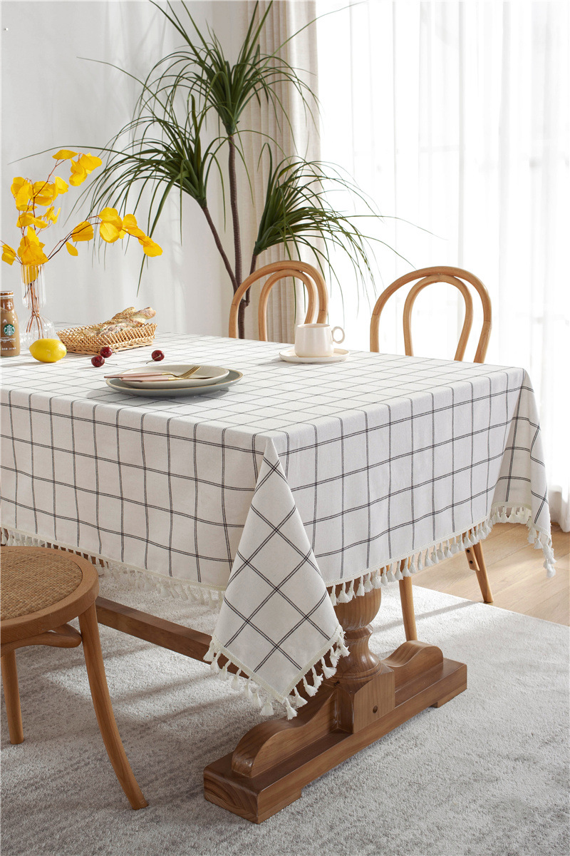 Cafe Double-line Plaid Cotton-polyester-linen Tassel Geometric Rectangular Dining And Coffee Table Tablecloth, Available_voghion.com