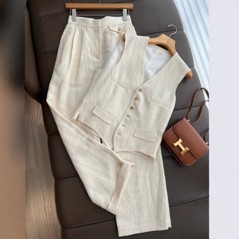 Brand Discount Store Mall Clearance Stylish Cotton and Linen Women's Vest and Wide-Leg Pants Fashionable Linen Two-Piece Set