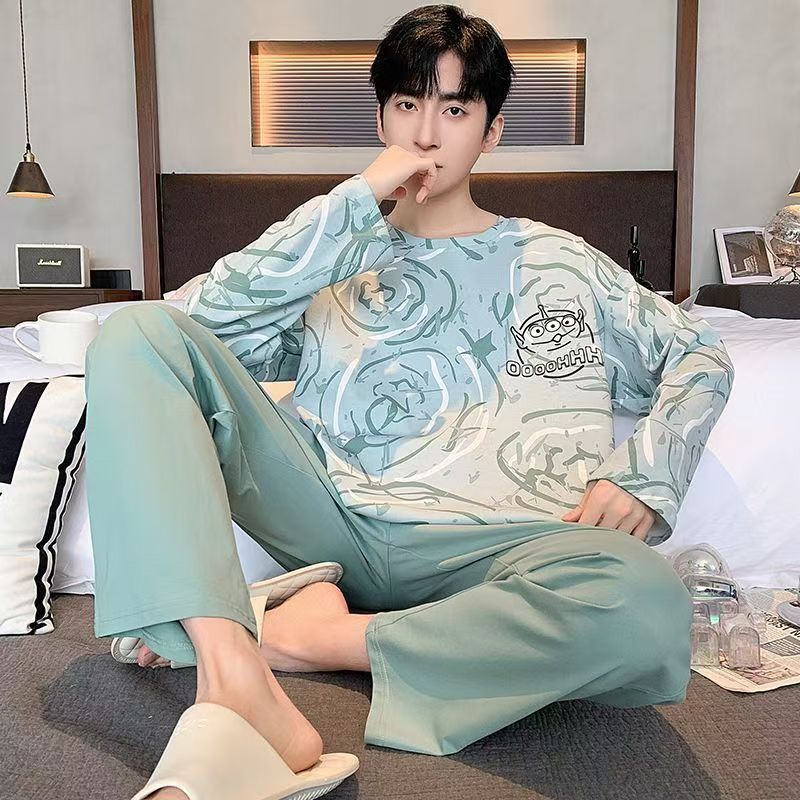 2024 pijama de otoño para hombres pantalones de mangas largas ropa de hogar simple cuello redondo delgado grande otoño invierno conjunto casual