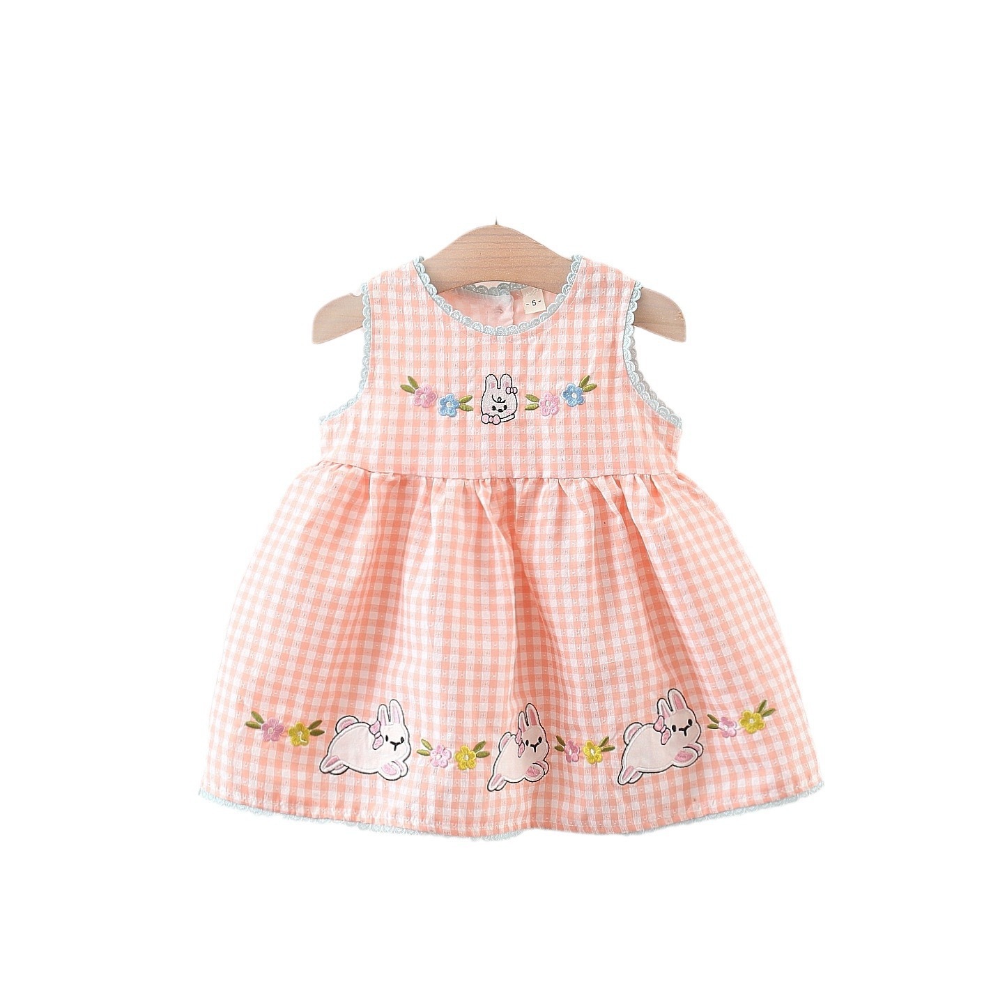 Nuevo vestido de niña a cuadros de dibujos animados conejo bordado sin mangas chaleco falda estilo occidental vestido de princesa de algodón para bebé