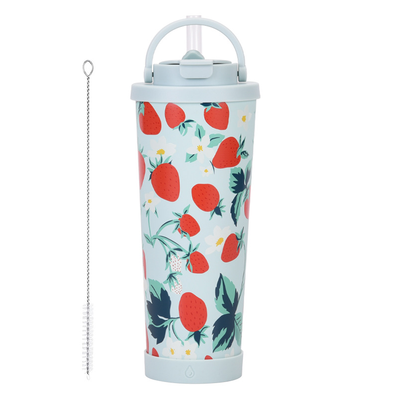 Yeni 830 ml büyük kapasiteli termos bardak, kullanışlı saplı, tek bardak, çift içme bardağı, büyük delikli baskılı pipetli bardak