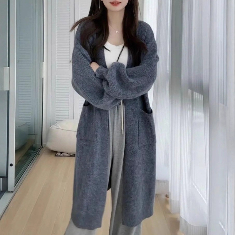 New Mid-Length Lazy Style Knitted Cardigan for Women with Versatile Pockets, Thickened Korean Version Autumn and Winter Sweater Jacket