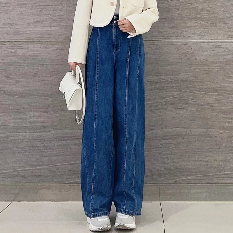 Quần jean nữ ống rộng cạp cao dáng chuối xếp ly denim dễ phối — Màu xanh lam chi tiết 8
