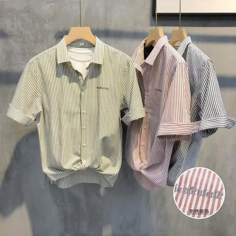 Korean and Japanese style men's summer fashion loose trendy versatile ins style casual striped shirt short sleeve