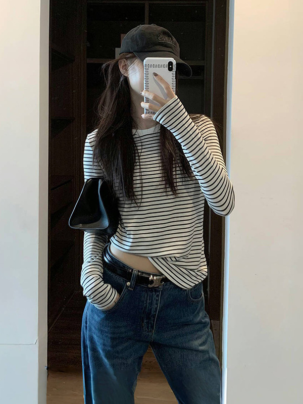 设计感小众条纹长袖T恤女春秋内搭短款打底衫辣妹修身显瘦上衣服|undefined