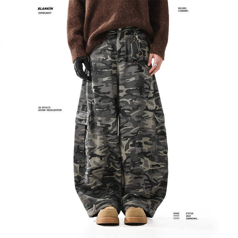 American Style Retro Camouflage Overalls Jeans Men's Spring and Autumn 2025 Fashion Brand Loose All-match Casual Wide-leg Machete Pants for Men