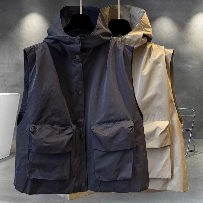 New Oversized Loose Casual Zip-Up Pocket Hooded Vest for Women and Men Sleeveless Jacket