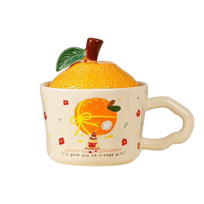 Yuanqi naranja chica taza de marca con tapa taza de cerámica de alto valor facial, regalo para amigos, taza de regalo de mano
