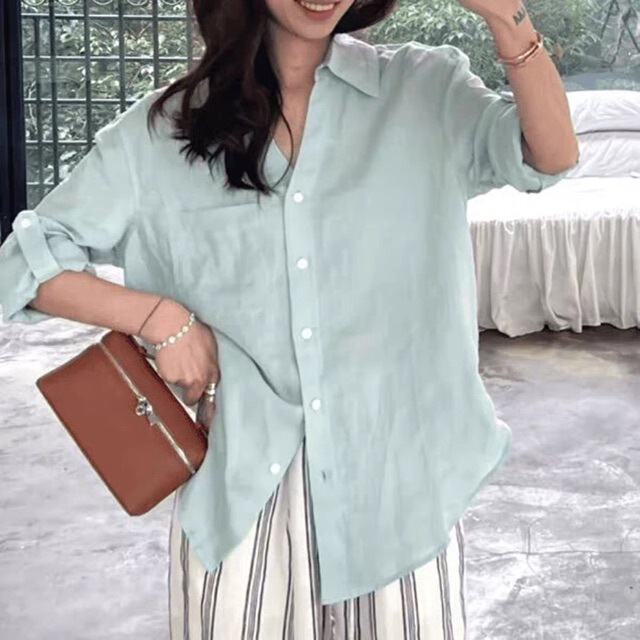 Summer New Style Fresh Cotton-Linen Shirt, Mint Green Fresh V-Neck Slimming Loose Shirt, Women's Solid Color Top