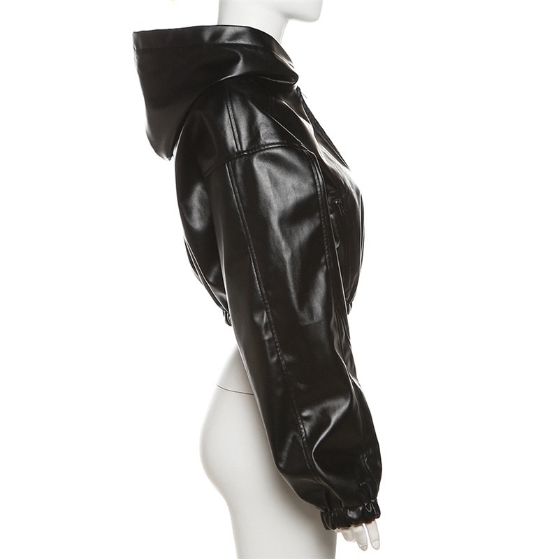 Trendy Faux Leather Hooded Cropped Jacket For Women - Streetwear Biker Style Zippered Long Sleeve Top_ecoleips.com