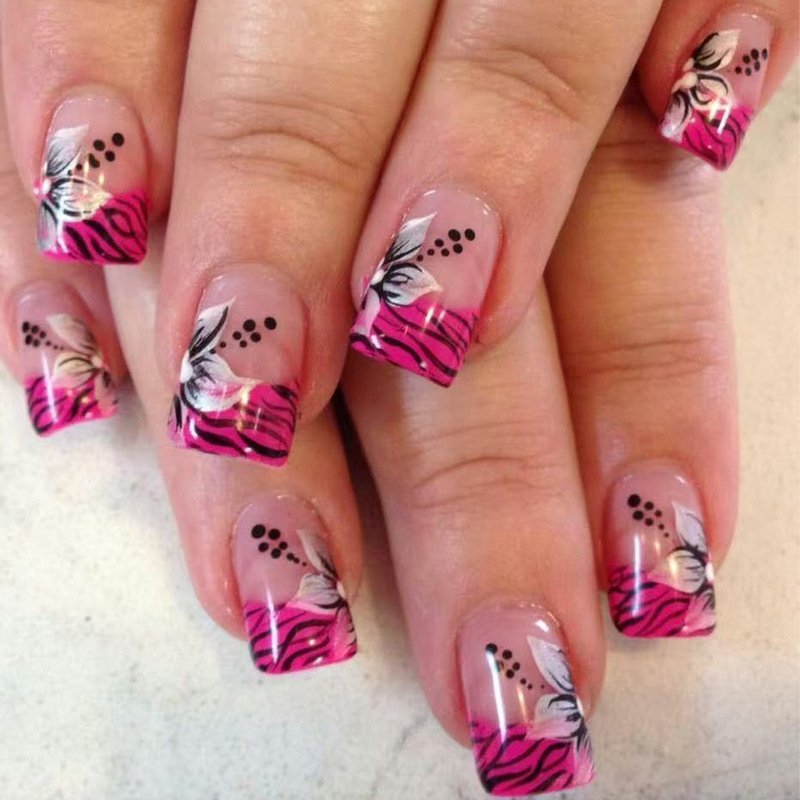 24 Pink Short Square Black Tiger Leather White Flower Design Wear Nail Art Spring Fake Nail Pieces